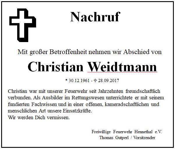 Nachruf Christian Weidtmann
