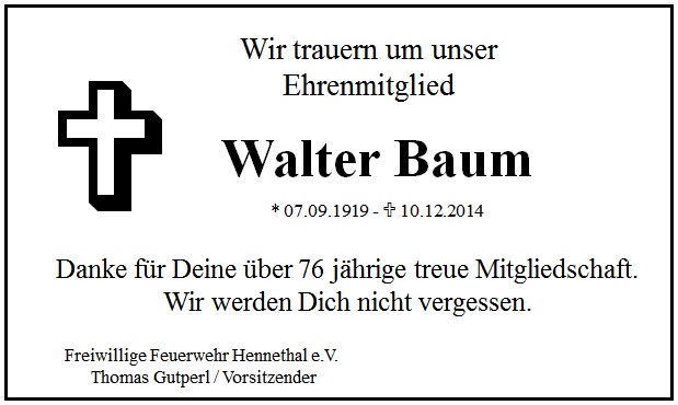 Trauer Walter Baum